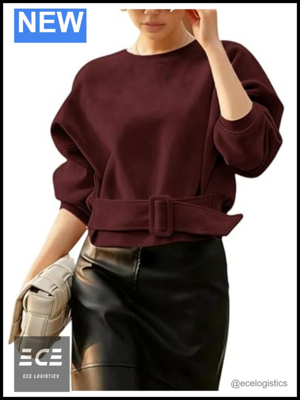 Faux Suede Cropped Top Belted Buckle Long Sleeve Crew Neck Pullover Casual Fall